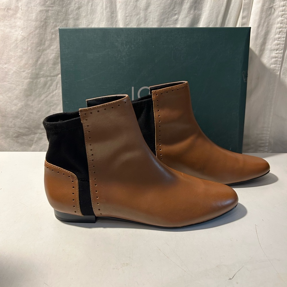 LOGO Lori Goldstein cognac leather ankle booties with stretch fabric on heel